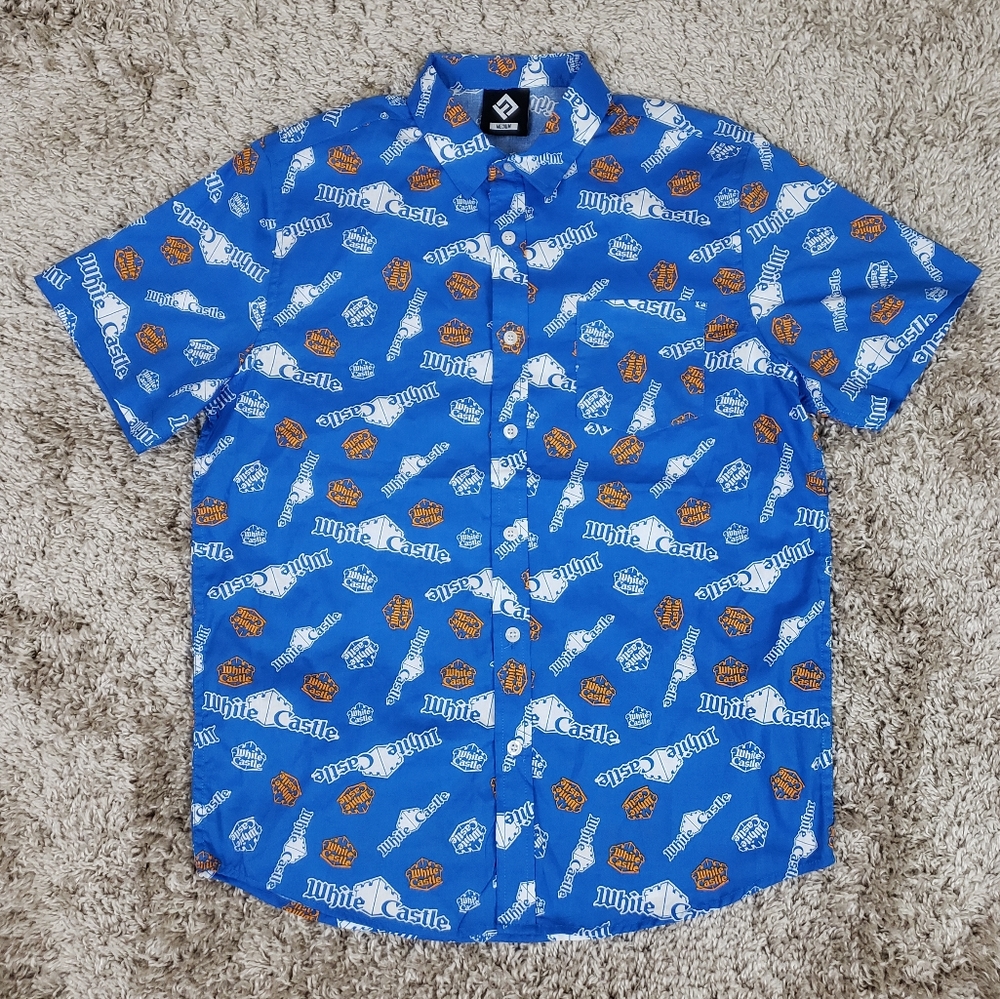 Mens White Castle Blue Button Front Shirt Sz M